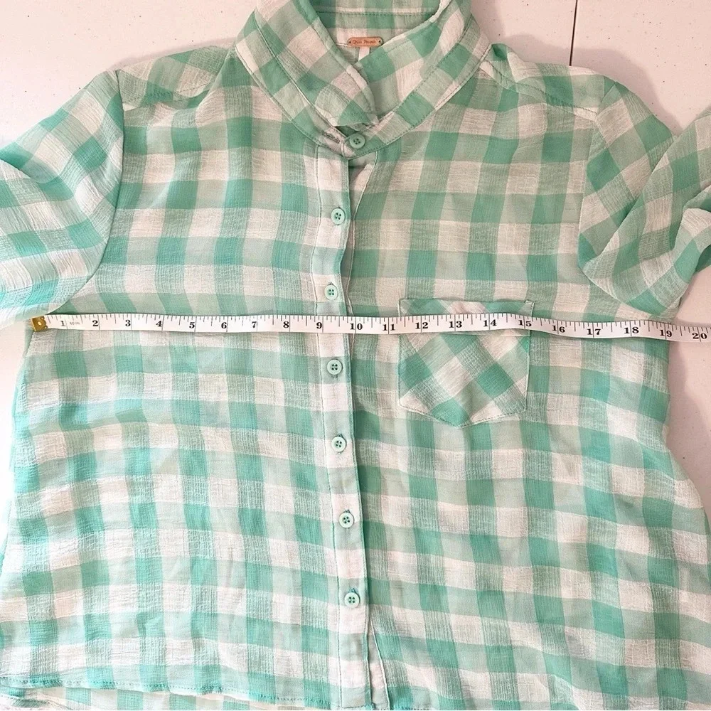 FREE PEOPLE Semi Sheer Gingham Blouse Button Up Top Green White High Low Small